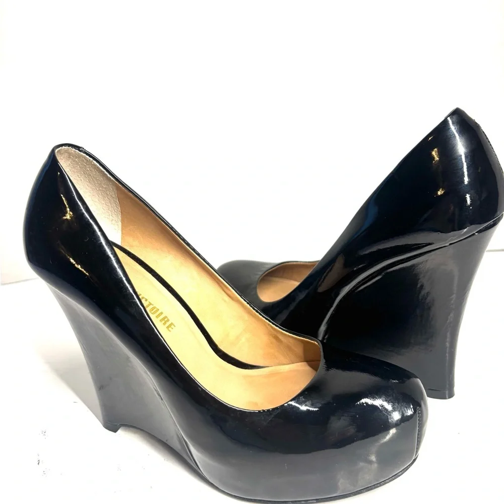 pour la victoire sleek platform shoes black patent wedge heels 7 whimsygoth punk - Picture 6 of 11
